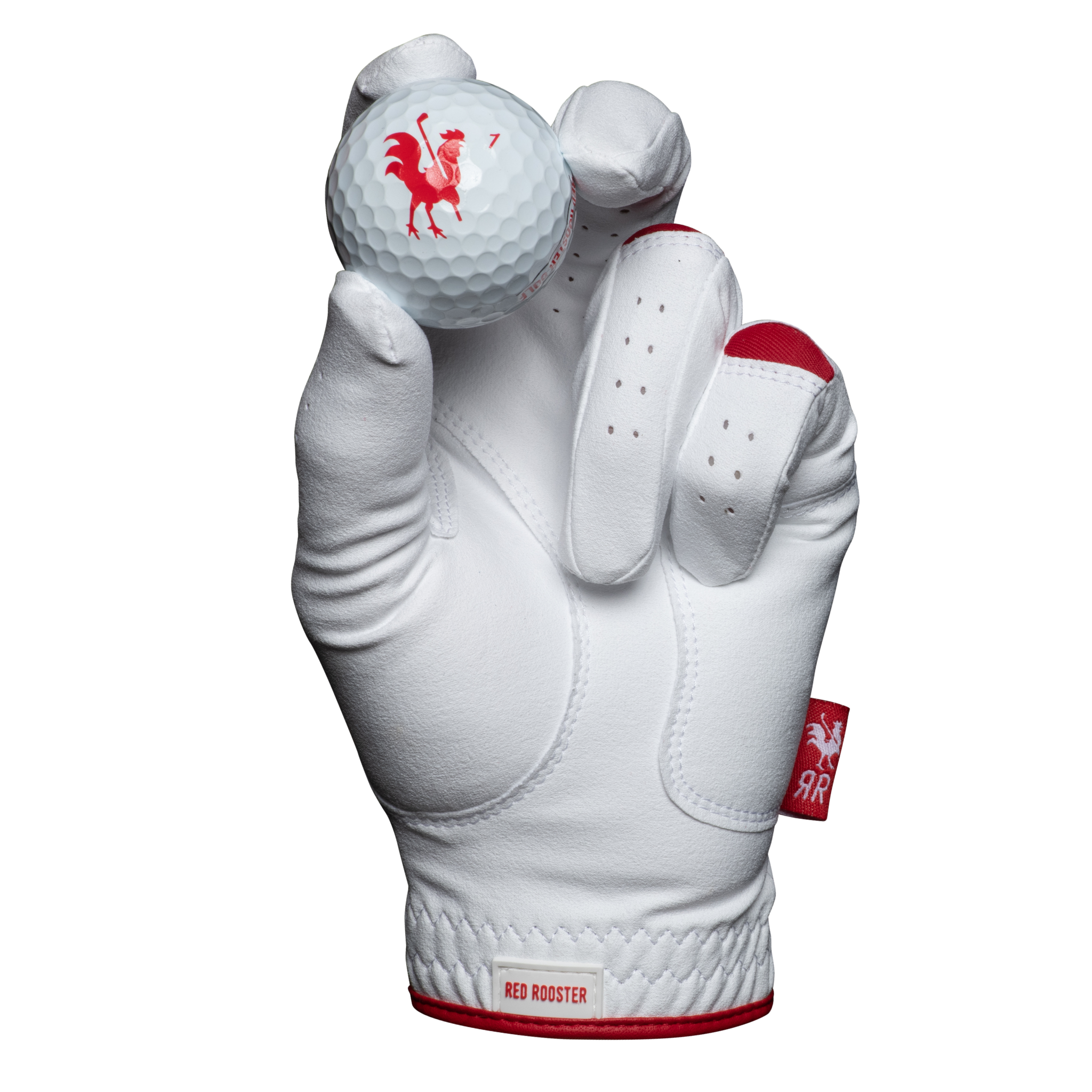 The Range Rooster golf glove  holding golf ball view