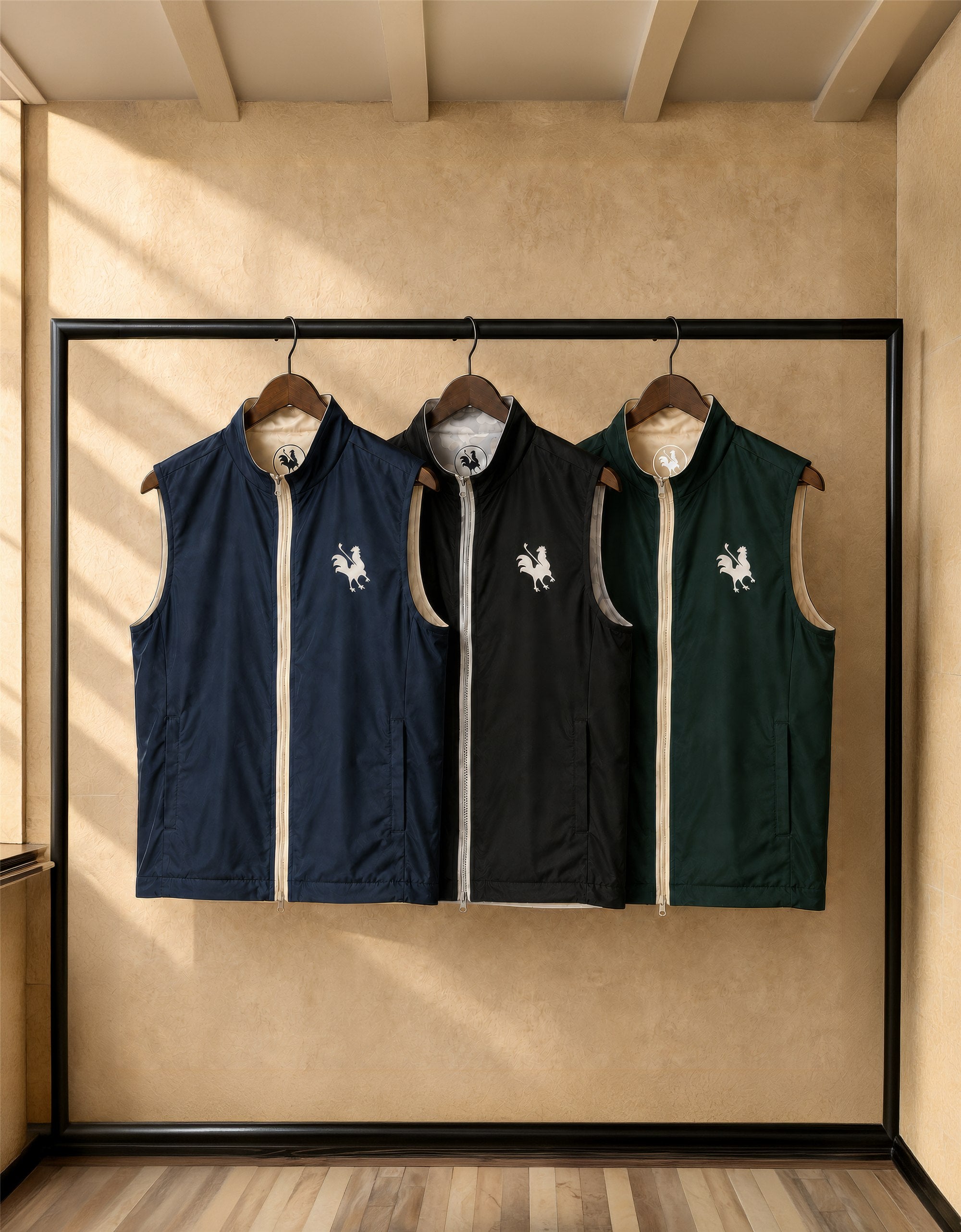 Three Red Rooster Golf reversible performance vests