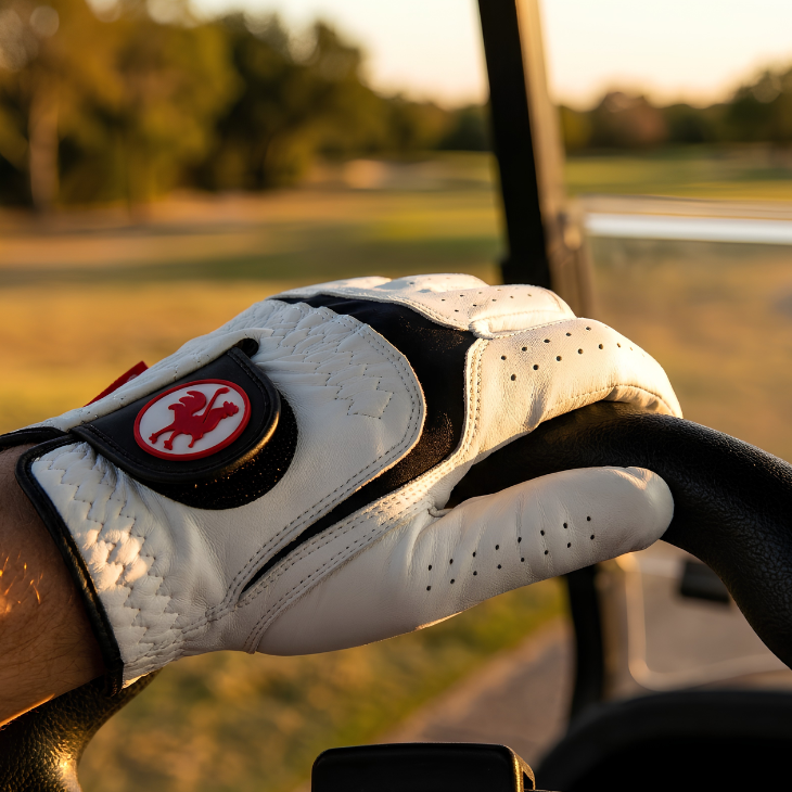 Properly fitted Cabretta leather golf glove flexing on a golfer's hand
