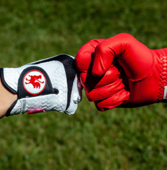 two hands wearing red rooster golf gloves