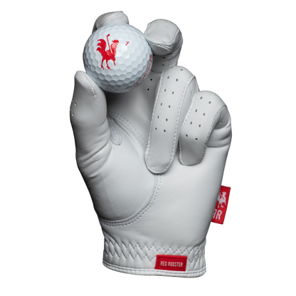 The Feather golf glove holding golf ball