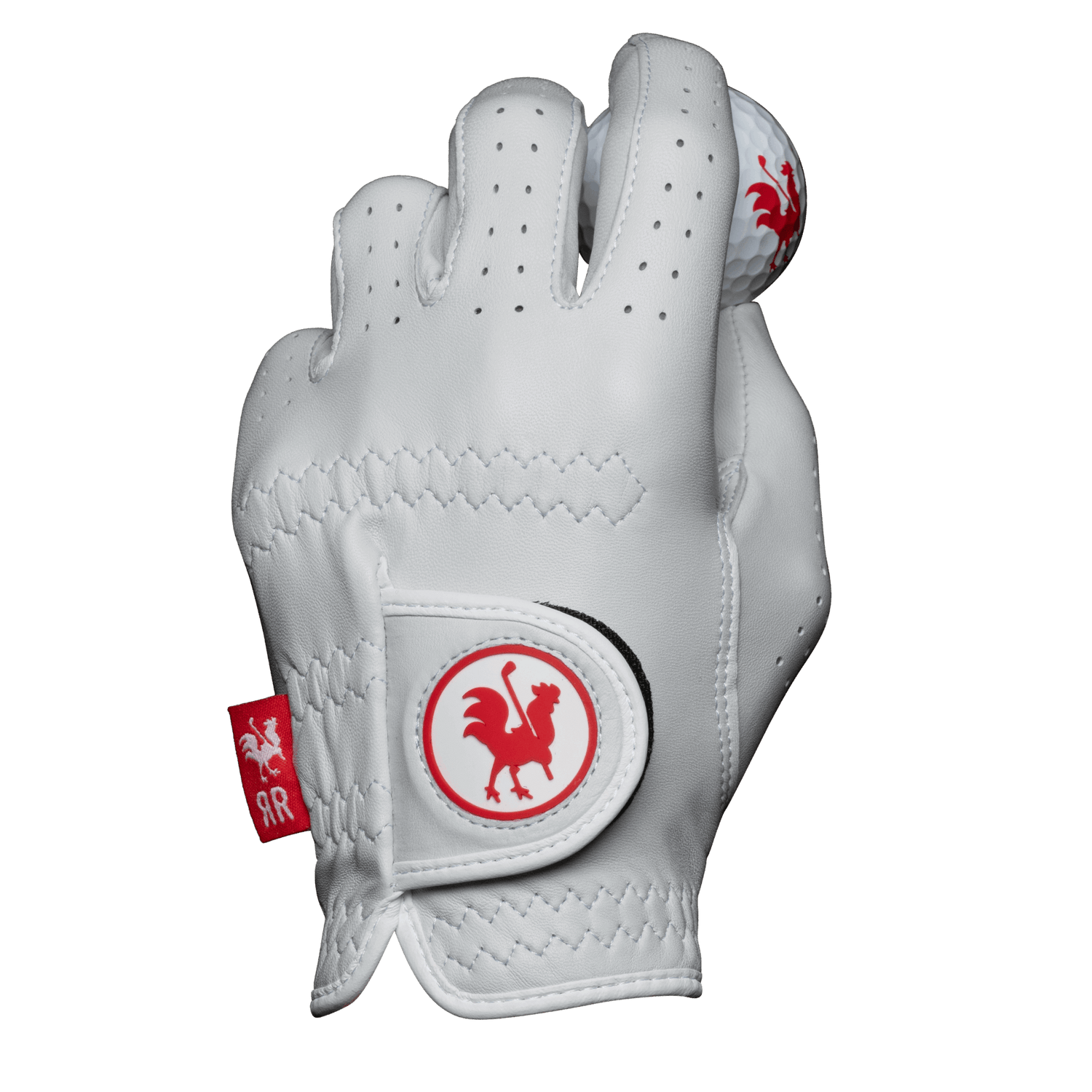 The Feather golf glove holding golf ball