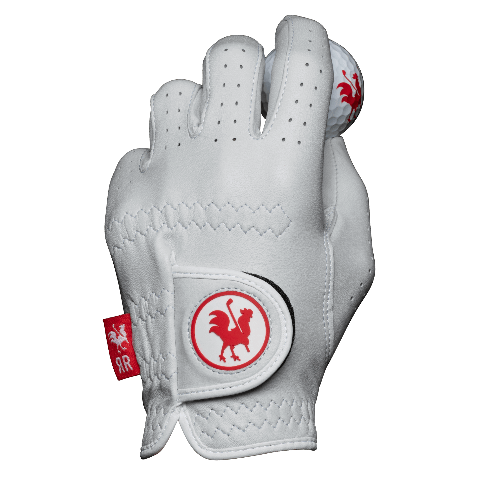 The Feather golf glove holding golf ball