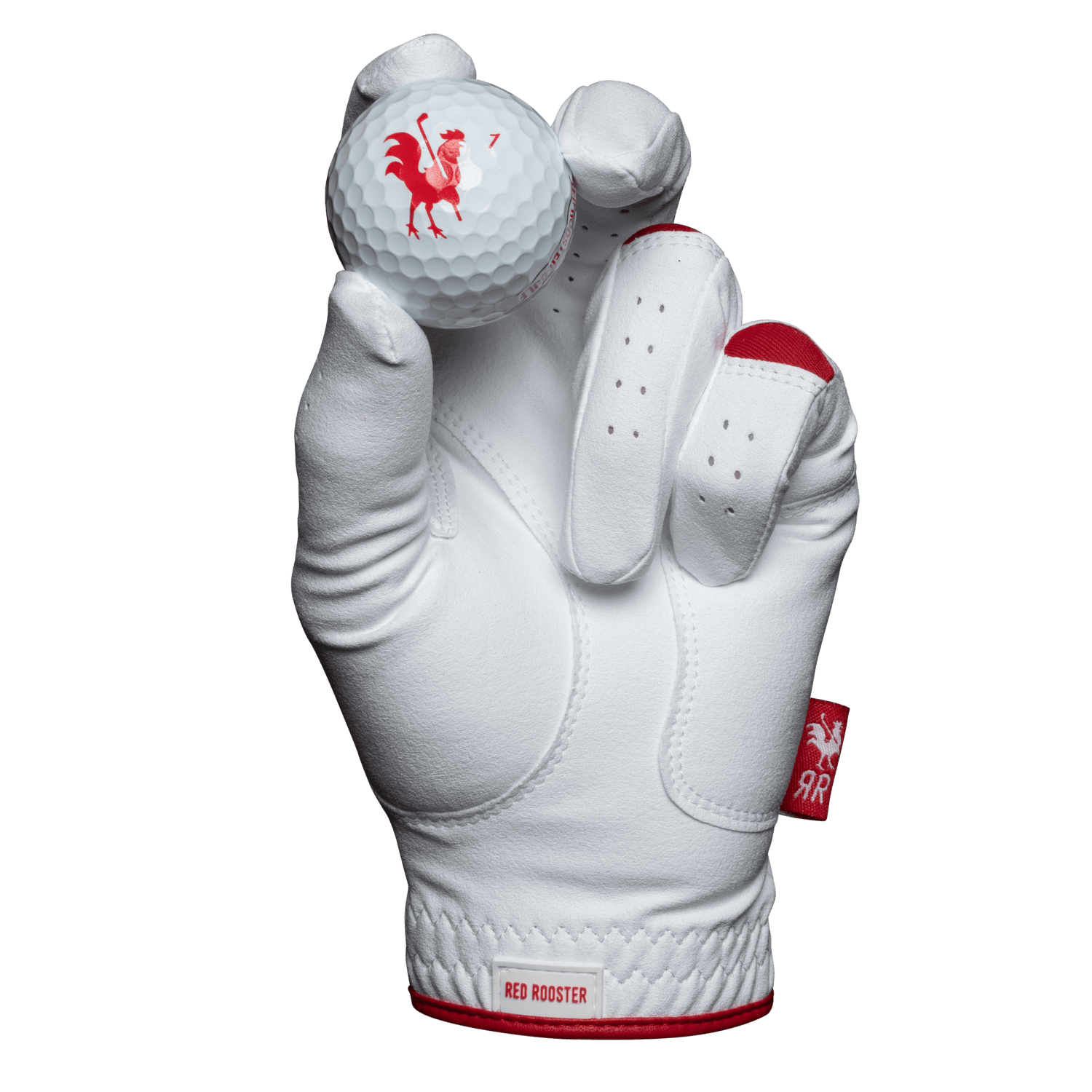 The Range Rooster golf glove  holding golf ball view