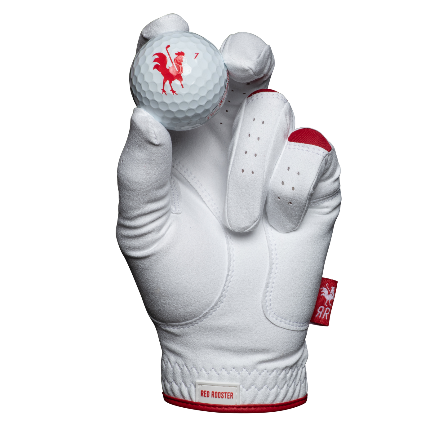 The Range Rooster golf glove  holding golf ball view