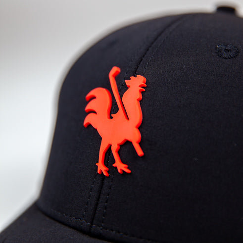 Apex black hat with red rooster logo closeup view