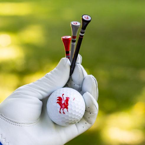 man holding The Spur tee and golf ball