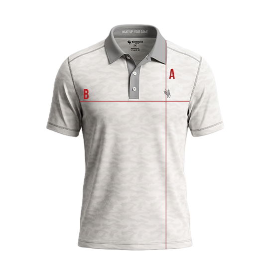 Red Rooster Golf Polo size measurement guide showing A (chest) and B (body length)